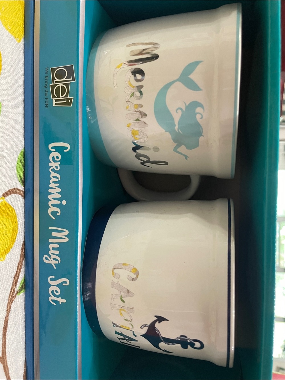 Mermaid & Captain anchor Ceramic Mug Set - White with Aqua and Navy Accents